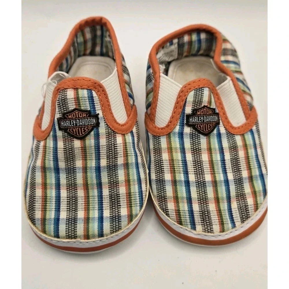 Harley Davidson Infant Baby Plaid Slip On Shoes Size 2/3 Orange Canvas Cute